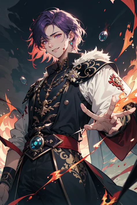 (absurdres, highres, ultra detailed, masterpiece, best quality), cowboy shot, dutch angle, finely detailed eyes and detailed face, intricate details, complex background, cinematic lighting, 1boy, mature, handsome, tall muscular guy, broad shoulders, solo, purple hair, pink eyes, Wizard, magic circle, magic effect, night, light particles, light rays, colorful bubbles, colourful glass, water drops, a piece of glass, jewelry, gemstone, prism, butterflies, fire, flames, cloud, smoke, landscape, blood splatter, wind effect, depth of field, from directly below, dynamic angle, smile