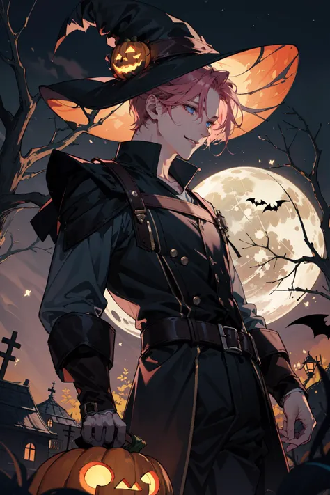 (absurdres, highres, ultra detailed, masterpiece, best quality), cowboy shot, dutch angle, finely detailed eyes and detailed face, intricate details, complex background, cinematic lighting, 1boy, mature, handsome, tall muscular guy, broad shoulders, solo, pink hair, blue eyes, Halloween, pumpkin, witch hat, broom, lamp, pumpkin lamp, light, many bat, darkness, night sky, full moon, loud, exciting, terrifying, branch, ghost, old castle in the distance, ruin, dark forest, dark silhouette, shadow, depth of field, from below, smile