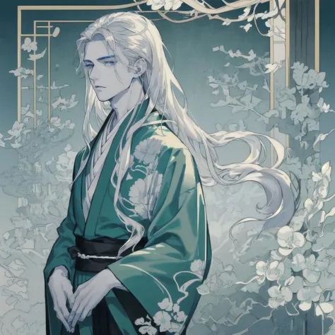 A man detached and pure. big blue eyes. He is tall and pale with long silver hair falling softly to his waist, and wearing a traditional wide green kimono, resembling a delicate ink drawing. He looks like a distant prince from bygone eras. His body is undoubtedly that of a fighter. Solo.