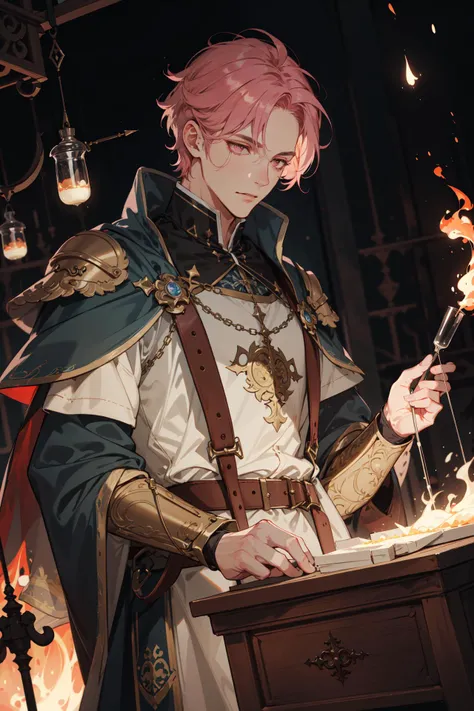 (absurdres, highres, ultra detailed, masterpiece, best quality), cowboy shot, dutch angle, finely detailed eyes and detailed face, intricate details, complex background, cinematic lighting, 1boy, mature, handsome, tall muscular guy, broad shoulders, solo, pink hair, pink eyes, Medieval alchemist, (victorian theme), goggles workshop in background, alchemical implements metal container test tubes vials beakers potion gunpowder spark, lead flaming liquid blueprint alchemical fomula glowing magical symbols chemistry magical fantasy atmosphere, occult hermeticism shadows, depth of field,