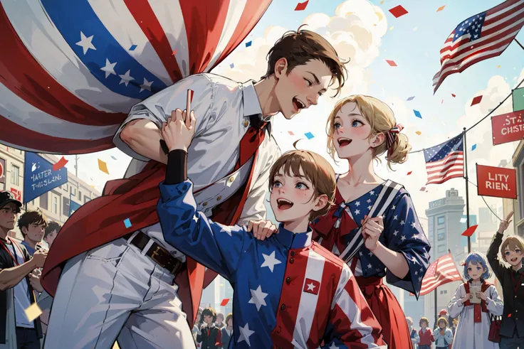 ((best quality, masterpiece, absurbres)) Happy, Laughing, Patriotic, American flag, Celebration, National Day, Red, White, Blue, Blonde Hair, Confetti, Stars and Stripes, Family, Couple and their Kids, Parade, Party