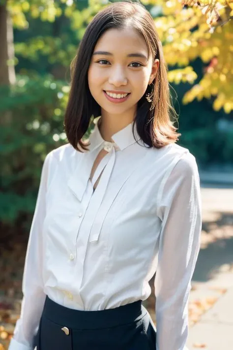 1girl,(wearing a blouse and pencil skirt:1.2),(RAW photo, best quality), (realistic, photo-realistic:1.4), masterpiece, an extremely delicate and beautiful, extremely detailed, 2k wallpaper, Amazing, finely detail, extremely detailed CG unity 8k wallpaper, ultra-detailed, highres, soft light, beautiful detailed girl, extremely detailed eyes and face, beautiful detailed nose, beautiful detailed eyes,cinematic lighting,at a park,autumn scenery,maple leaves,bokeh,city lights at night,perfect anatomy,slender body,smiling  <lora:morikawaaoi_lora:1>