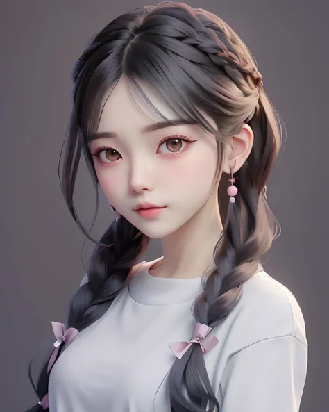 best quality, cartoon_portrait, 1girl, solo, long hair, breasts, looking at viewer, bangs, simple background, brown hair, twintails, brown eyes, closed mouth, white shirt, upper body, braid, earrings, grey background, twin braids, lips, hair over shoulder, hair tie, <lora:cartoon_portrait_v2:0.7>