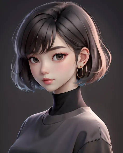 best quality, cartoon_portrait, 1girl, solo, looking at viewer, short hair, simple background, brown hair, shirt, brown eyes, closed mouth, upper body, earrings, grey background, lips, black shirt, hoop earrings, <lora:cartoon_portrait_v2:0.7>