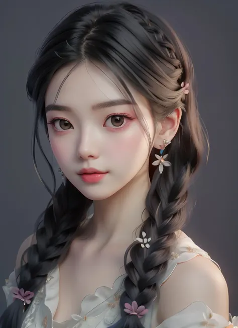 best quality, cartoon_portrait, 1girl, solo, long hair, looking at viewer, simple background, brown hair, black hair, hair ornament, brown eyes,  braid, earrings, parted lips, grey background, lips, single braid,  hair over shoulder, flower earrings, <lora:cartoon_portrait_v2:0.7>