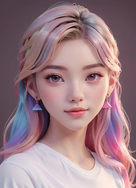 best quality, cartoon_portrait, 1girl, solo, long hair, looking at viewer, blonde hair, simple background, shirt, brown eyes, white shirt, pink hair, multicolored hair, earrings, lips, <lora:cartoon_portrait_v2:0.7>