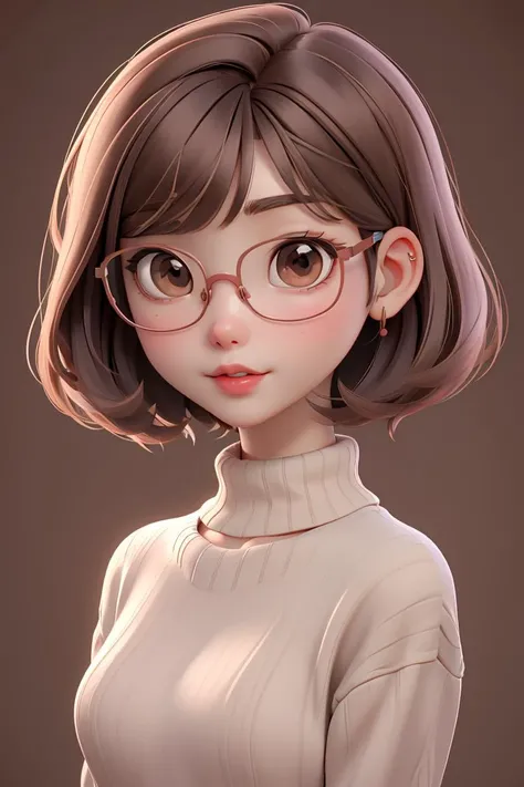 best quality, cartoon_portrait, 1girl, solo, looking at viewer, short hair, simple background, brown hair, bob cut, brown eyes, closed mouth, glasses, sweater, lips, swept bangs, brown background, red lips, <lora:cartoon_portrait_v2:0.7>