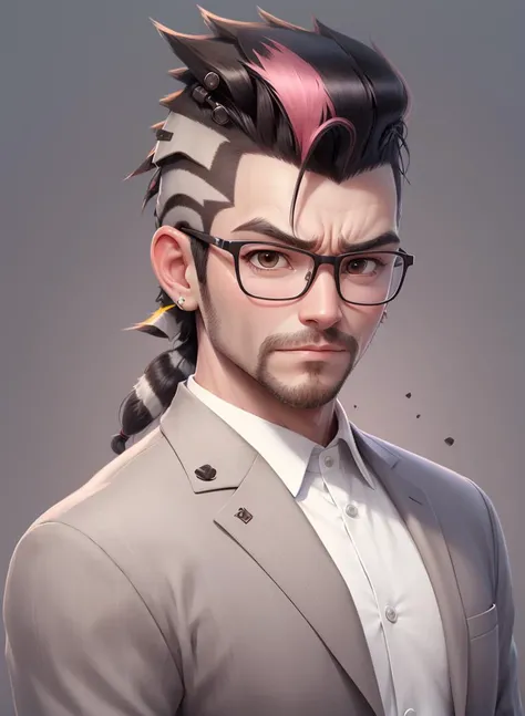 best quality, middle aged man, solo, (Mohawk hair:1.3), (short hair:1.2), glasses, cartoon portrait, brown eyes, whiskers, striped suit, an angry expression, rude, simple background, <lora:cartoon_portrait_v1:0.5>,