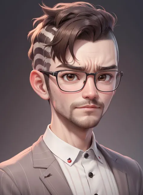 best quality, middle aged man, solo, ((Buzz cut:1.3)), (short hair:1.1), glasses, cartoon portrait, brown eyes, whiskers, striped suit, an angry expression, rude, simple background, <lora:cartoon_portrait_v1:0.5>,