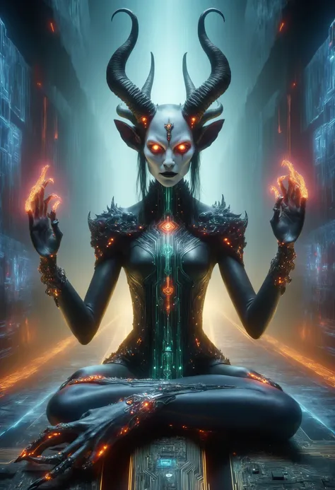 DonMQu4n7umZ3r0XL lich, malevolent female demon, humanoid appearance, attractive seductive demeanor, horns, clawed hands, hoofs, dark demonic hues, enticing, nighttime seduction, sexual nightmares, night , whimsical,volcanic,wraithlike,exuberant,interdimensional,zeal-driven,extraordinary,underground,traffic , valleys, canyon,quantum tech, futuristic,circuit board,
<lora:DonMQu4n7umZ3r0XL-000006:0.8>,