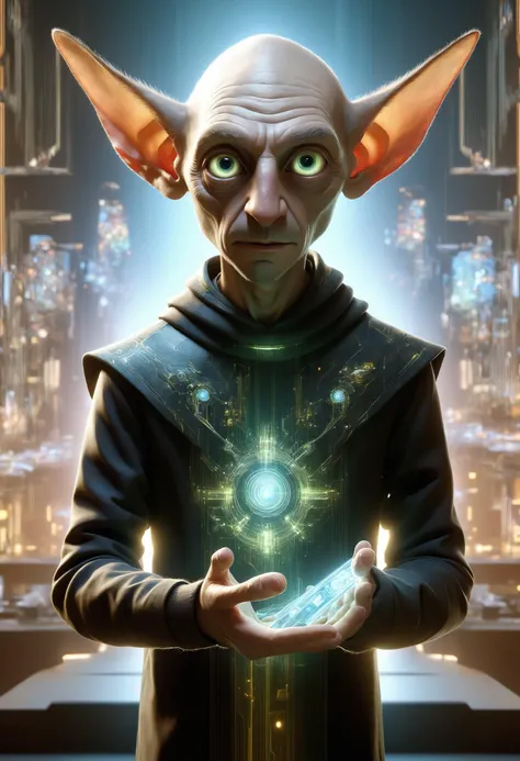 DonMQu4n7umZ3r0XL male house elf, small humanoid being, large pointed ears, brown earth toned simple tattered clothing, subservient humble demeanor, large expressive eyes, magical, loyalty, dedication, strong sense of duty, motors,augmented reality,contaminated,intriguing,fade,diverse communities,faintly lit,lubricated , harbor, rooftop bar,
<lora:DonMQu4n7umZ3r0XL-000006:0.8>,