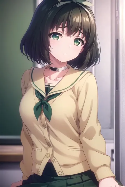 kanaehokari, <lora:kanae hokari ova-lora-nochekaiser:1>,
kanae hokari, short hair, black hair, ribbon, hair ribbon, (green eyes:1.5),
BREAK skirt, school uniform, serafuku, collar, cardigan, black skirt, black sailor collar,
BREAK indoors, classroom,
BREAK looking at viewer, (cowboy shot:1.5),
BREAK <lyco:GoodHands-beta2:1>, (masterpiece:1.2), best quality, high resolution, unity 8k wallpaper, (illustration:0.8), (beautiful detailed eyes:1.6), extremely detailed face, perfect lighting, extremely detailed CG, (perfect hands, perfect anatomy),