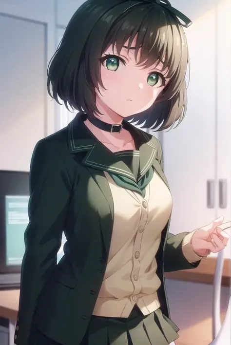 kanaehokari, <lora:kanae hokari ova-lora-nochekaiser:1>,
kanae hokari, short hair, black hair, ribbon, hair ribbon, (green eyes:1.5),
BREAK skirt, school uniform, serafuku, collar, cardigan, black skirt, black sailor collar,
BREAK indoors, classroom,
BREAK looking at viewer, (cowboy shot:1.5),
BREAK <lyco:GoodHands-beta2:1>, (masterpiece:1.2), best quality, high resolution, unity 8k wallpaper, (illustration:0.8), (beautiful detailed eyes:1.6), extremely detailed face, perfect lighting, extremely detailed CG, (perfect hands, perfect anatomy),