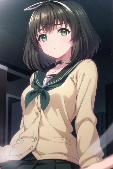 kanaehokari, <lora:kanae hokari ova-lora-nochekaiser:1>,
kanae hokari, short hair, black hair, ribbon, hair ribbon, (green eyes:1.5),
BREAK skirt, school uniform, serafuku, collar, cardigan, black skirt, black sailor collar,
BREAK indoors, classroom,
BREAK looking at viewer, (cowboy shot:1.5),
BREAK <lyco:GoodHands-beta2:1>, (masterpiece:1.2), best quality, high resolution, unity 8k wallpaper, (illustration:0.8), (beautiful detailed eyes:1.6), extremely detailed face, perfect lighting, extremely detailed CG, (perfect hands, perfect anatomy),