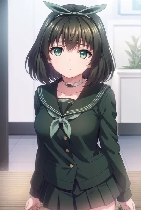 kanaehokari, <lora:kanae hokari ova-lora-nochekaiser:1>,
kanae hokari, short hair, black hair, ribbon, hair ribbon, (green eyes:1.5),
BREAK skirt, school uniform, serafuku, collar, cardigan, black skirt, black sailor collar,
BREAK indoors, classroom,
BREAK looking at viewer, (cowboy shot:1.5),
BREAK <lyco:GoodHands-beta2:1>, (masterpiece:1.2), best quality, high resolution, unity 8k wallpaper, (illustration:0.8), (beautiful detailed eyes:1.6), extremely detailed face, perfect lighting, extremely detailed CG, (perfect hands, perfect anatomy),