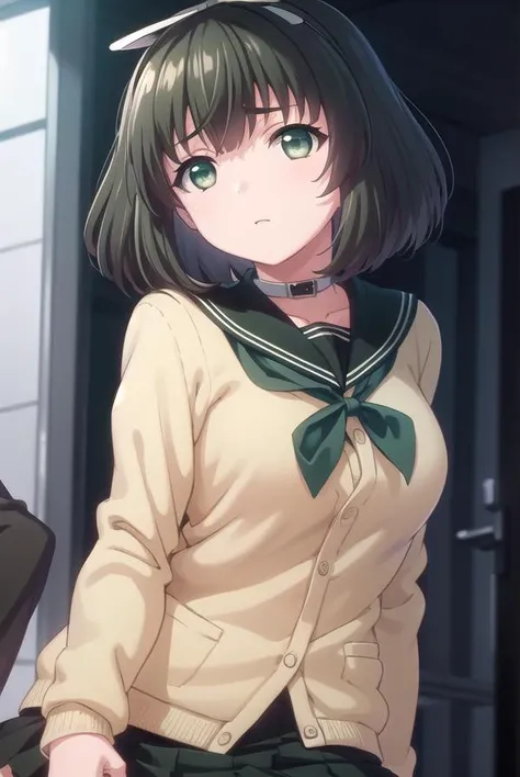 kanaehokari, <lora:kanae hokari ova-lora-nochekaiser:1>,
kanae hokari, short hair, black hair, ribbon, hair ribbon, (green eyes:1.5),
BREAK skirt, school uniform, serafuku, collar, cardigan, black skirt, black sailor collar,
BREAK indoors, classroom,
BREAK looking at viewer, (cowboy shot:1.5),
BREAK <lyco:GoodHands-beta2:1>, (masterpiece:1.2), best quality, high resolution, unity 8k wallpaper, (illustration:0.8), (beautiful detailed eyes:1.6), extremely detailed face, perfect lighting, extremely detailed CG, (perfect hands, perfect anatomy),
