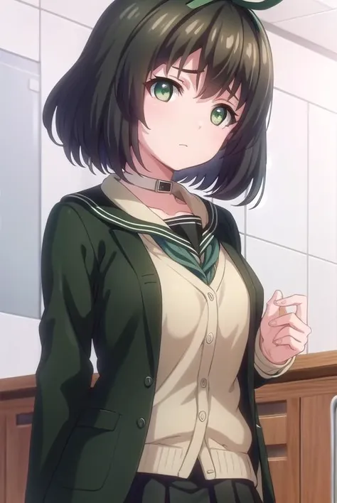 kanaehokari, <lora:kanae hokari ova-lora-nochekaiser:1>,
kanae hokari, short hair, black hair, ribbon, hair ribbon, (green eyes:1.5),
BREAK skirt, school uniform, serafuku, collar, cardigan, black skirt, black sailor collar,
BREAK indoors, classroom,
BREAK looking at viewer, (cowboy shot:1.5),
BREAK <lyco:GoodHands-beta2:1>, (masterpiece:1.2), best quality, high resolution, unity 8k wallpaper, (illustration:0.8), (beautiful detailed eyes:1.6), extremely detailed face, perfect lighting, extremely detailed CG, (perfect hands, perfect anatomy),