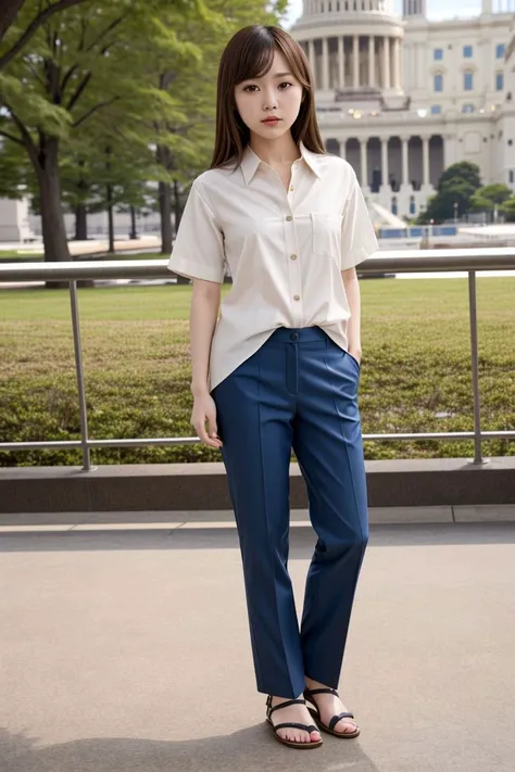 <lora:anjou_kozuki_obj20:0.5>, full_body, standing, sandals, (shirt), pants, (us capitol), (anjou_kozuki: 1.2), perfect face, (contact iris: 1.1), pale skin, skin pores , depth of field