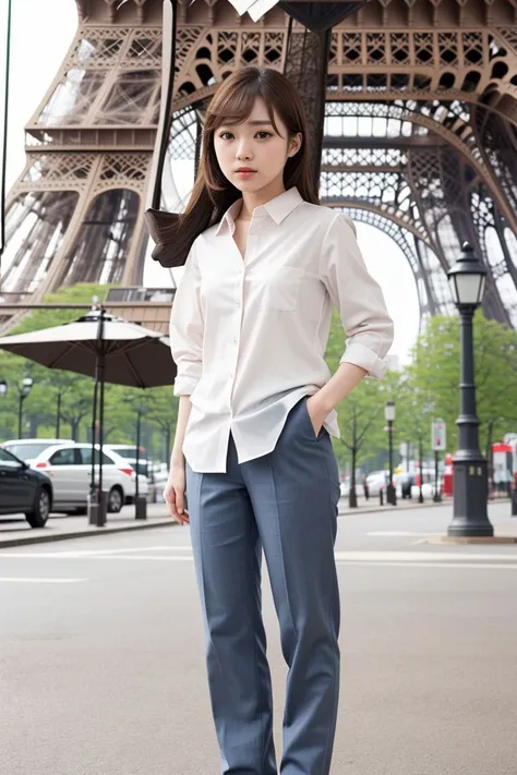 <lora:anjou_kozuki_obj20:0.5>, full_body, standing, sandals, (shirt), pants, (eiffel tower), (anjou_kozuki: 1.2), perfect face, (contact iris: 1.1), pale skin, skin pores , depth of field
