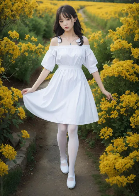 (RAW photo, best quality), (realistic, photo-realistic:1.30),8k uhd, dslr, high quality, film grain, masterpiece,ultra-realistic, extremely detailed CG unity 8k wallpaper, best quality, somber film ,WarmLight,1girl, white dress, flower field,
necklace, (flower), <lora:ticaoxie:0.65>,  (full body picture), (cute:1.2), pantyhose
