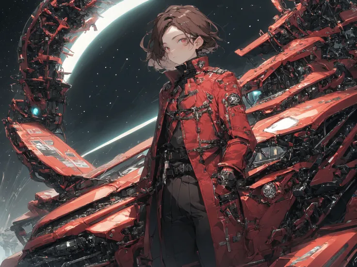 (masterpiece, best quality),1boy, brunette hair, victorian on cruisers midnight, crimson, chic, sci-fi theme,