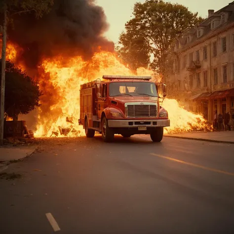 cinematic film still of  <lora:Warm Lighting Style:1>
warm light,a fire truck is on fire in the street,warm lighting style,standing,scenery 3200k, orange color, yellow color, warm color, straw color, golden color, accident, explosion, shallow depth of field, vignette, highly detailed, high budget, bokeh, cinemascope, moody, epic, gorgeous, film grain, grainy