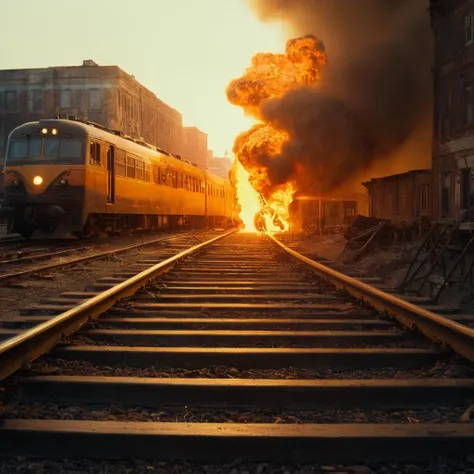 cinematic film still of  <lora:Warm Lighting Style:1>
warm light,a train is on railroad and a train is on fire,warm lighting style,outdoors,no humans,fire,building,scenery,stairs,explosion,destruction 3200k, orange color, yellow color, warm color, straw color, golden color, shallow depth of field, vignette, highly detailed, high budget, bokeh, cinemascope, moody, epic, gorgeous, film grain, grainy
