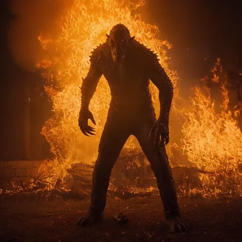 cinematic film still of <lora:Warm Lighting Style:1>
warm light,a monster creature is in the middle of a fire,warm lighting style,solo,1boy,male focus,fire,facing viewer,prosthetic arm,embers,orange theme,burning 3200k, orange color, yellow color, warm color, straw color, golden color, shallow depth of field, vignette, highly detailed, high budget, bokeh, cinemascope, moody, epic, gorgeous, film grain, grainy