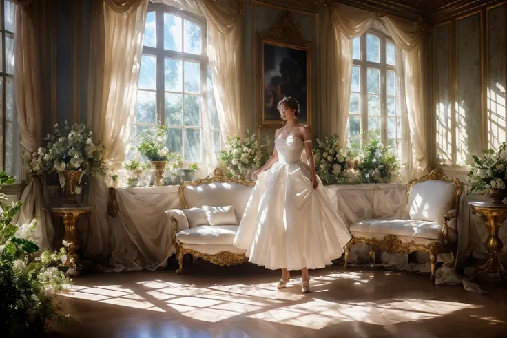 ultra wide angle lens,Rococo style ,solo, strapless dress with bare shoulders, sunbeams, curtain,rays reflection ,Shots with a sense of tension (visual impact that gives the poster a sense of dynamism: 1.2), high-impact photos, indoor,window, necklace, earrings,
<lora:Rococo style_20231214004210:0.7> <lora:erika:0.3>