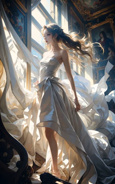 Low Angle shooting, super wide lens,
Rococo stylesolo, bare shouldersstrapless dresssunbeamsunlightmedium breasts,
curtainstreelight raysreflectionlong hairbabydoll,
A shot with tension(Visual impact,giving the poster a dynamic and visually striking appearance:1.2),impactful picture,
<lora:~Q?-mSSlu; Rococo style:0.8>