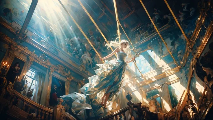 Low Angle shooting, super wide lens,
Rococo stylesolo, bare shouldersstrapless dresssunbeamsunlightmedium breasts,
curtainstreelight raysreflectionlong hairWhite hair, babydoll,
A shot with tension(Visual impact,giving the poster a dynamic and visually striking appearance:1.2),impactful picture,
<lora:~Q?-mSSlu; Rococo style:0.8>(Trapeze:1.5),necklace,earrings,