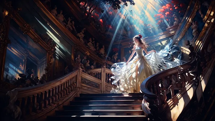Low Angle shooting, super wide lens,
Rococo stylesolo, bare shouldersstrapless dresssunbeamsunlightmedium breasts,
curtainstreelight raysreflectionlong hairstairsbabydoll,
A shot with tension(sky glows red,Visual impact,giving the poster a dynamic and visually striking appearance:1.2),Chinese Zen style,impactful picture,
<lora:~Q?-mSSlu; Rococo style:1>