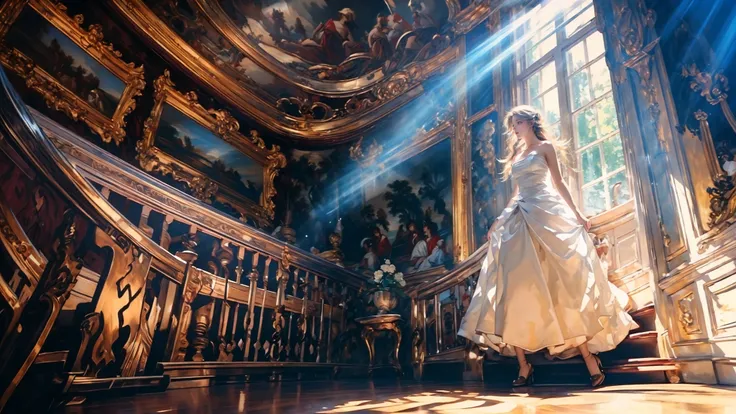 (wide shot, wide-angle lens,Panoramic:1.2),super vista, super wide AngleLow Angle shooting, super wide lens,
Rococo stylesolo, bare shouldersstrapless dresssunbeamsunlightmedium breasts,
curtainstreelight raysreflectionlong hairstairs
<lora:~Q?-mSSlu; Rococo style:1>