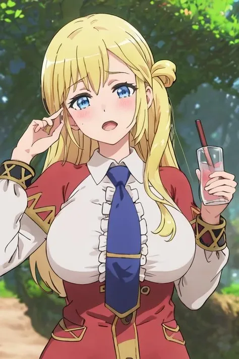 best quality, masterpiece, highres, solo, {enome_futokunoguild:1.15}, blonde_hair, long_hair, blush, blue_eyes, necktie, open_mouth, breasts, blue_necktie, large_breasts, 1girl, shirt