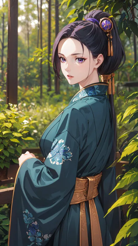 photorealistic, (4k), depth of field, (Masterpiece), (realistic skin texture), extremely detailed, intricate, hyper detailed, professional photography, bokeh, high resolution, sharp detail, best quality, woman, long hair, black hair, ponytail, hairpin, purple eyes, blue kimono, (blue obi), <lora:GoodHands-vanilla:0.4>, <lora:detail_slider_v4:0.8> , dynamic pose, (one arm behind her back), <lora:Sairitz Kahara-000004:0.7>,  (forest:1.3), overgrown, vines, (tall grass),