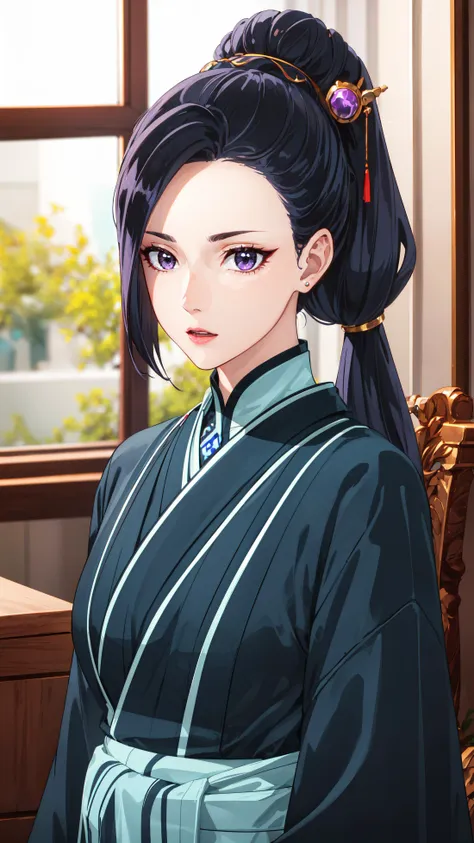 photorealistic, (4k), depth of field, (Masterpiece), (realistic skin texture), extremely detailed, intricate, hyper detailed, professional photography, bokeh, high resolution, sharp detail, best quality, woman, long hair, black hair, ponytail, hairpin, purple eyes, blue kimono, <lora:GoodHands-vanilla:0.4>, <lora:detail_slider_v4:0.8> , dynamic pose, (feminine pose), <lora:Sairitz Kahara-000004:0.8>