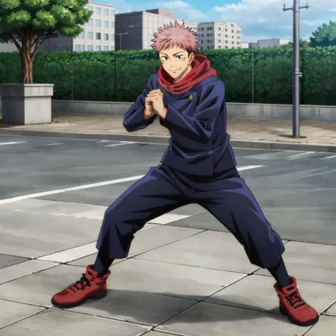 masterpiece,high quality,solo,outdoors,
<lora:YuujiItadori001:0.7>,smile,
YuujiItadori,1boy,
gakuran,hood,
pants,
socks,red footwear,
full body,fighting_stance,