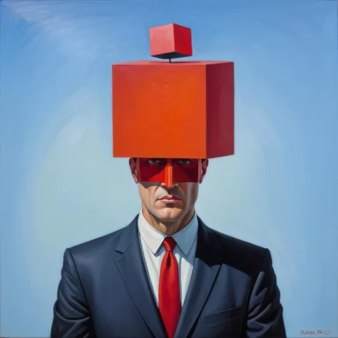 Abstract style <lora:FF-Style-Kazimir-Malevich.LoRA:1> in the style of kazimir malevich,kazimir malevich style,kazimir malevich art,kazimir malevich,a man in a suit with a red cube on his head, adrian borda, inspired by Ivan Generali, by Ivan Generali, surreal oil painting, surreal painting, inspired by Aaron Jasinski, surreal oil on canvas, by Jason Benjamin, rob mcnaughton, block head, surrealistic painting, by Santiago Martnez Delgado, overload . Non-representational, colors and shapes, expression of feelings, imaginative, highly detailed