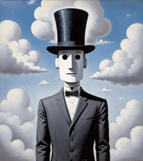 Film noir style <lora:FF-Style-Kazimir-Malevich.LoRA:1> in the style of kazimir malevich,kazimir malevich style,kazimir malevich art,kazimir malevich,a robot in a top hat and a suit stands in the clouds, in style of rene magritte, inspired by Ren Magritte, inspired by Rene Magritte, magritte painting, rene magritte hyperdetailed, he is wearing a top hat, rene magritte detailed, by Ren Magritte, magritte . Monochrome, high contrast, dramatic shadows, 1940s style, mysterious, cinematic