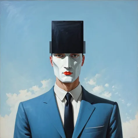 concept art <lora:FF-Style-Kazimir-Malevich.LoRA:1> in the style of kazimir malevich,kazimir malevich style,kazimir malevich art,kazimir malevich,a painting of a man with a suit and a square head, benjamin vnuk, inspired by Oskar Schlemmer, inspired by Ivan Generali, frank moth, portrait of a robot, the man with robot head, inspired by Jnos Nagy Balogh, in style of rene magritte, anton, portrait of an android . digital artwork, illustrative, painterly, matte painting, highly detailed