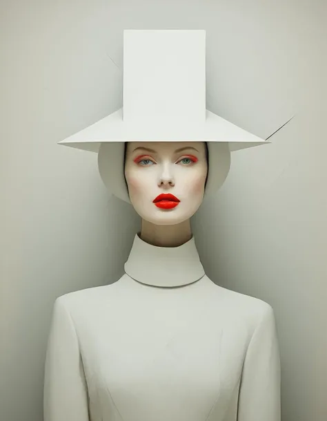 Cubist artwork <lora:FF-Style-Kazimir-Malevich-v2.LoRA:1> in the style of kazimir malevich,kazimir malevich style,kazimir malevich art,kazimir malevich,a woman in a white hat with red lipstick, geometric abstract beauty, futuristic woman portrait, inspired by Darek Zabrocki, inspired by andrey ryabovichev, photography alexey gurylev, photography alexey kurylev, portrait of a female android, fine art fashion photography, in style of digital art, portrait of female android . Geometric shapes, abstract, innovative, revolutionary