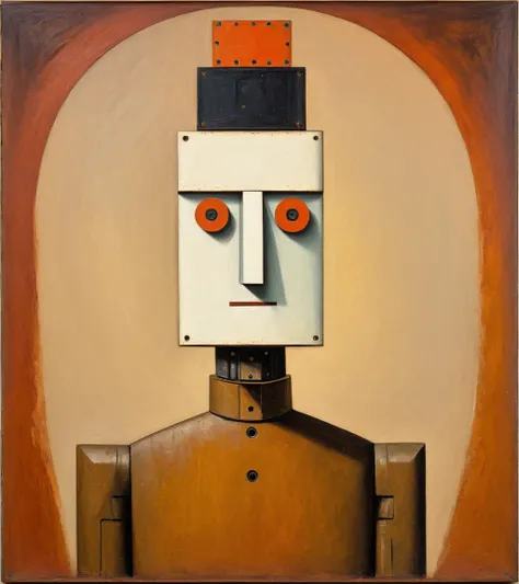 Steampunk style <lora:FF-Style-Kazimir-Malevich-v2.LoRA:1> in the style of kazimir malevich,kazimir malevich style,kazimir malevich art,kazimir malevich,a painting of a robot with a square shape, inspired by Ivan Generali, inspired by Oskar Schlemmer, portrait of a robot, benjamin vnuk, inspired by Victor Brauner, portrait of an android, bauhaus style painting, a portrait of an android, portrait of a futuristic robot, inspired by Jnos Nagy Balogh, robot portrait . Antique, mechanical, brass and copper tones, gears, intricate, detailed