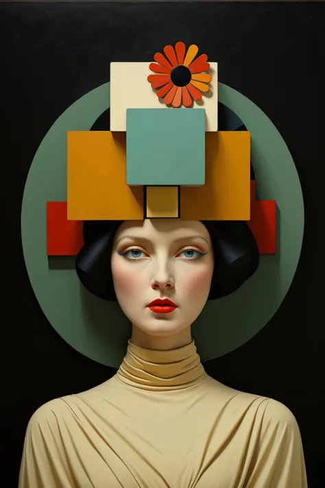 KAZIMIR MALEVICH STYLE,<lora:FF-Style-Kazimir-Malevich-v2.LoRA:1>,
Suprematism,Cubism,Geometric Abstraction,
Stylized portrait of a woman with geometric shaped flowers wrapped around her head,geometric 3d rendering,high quality artwork,dan mumford tom bagshaw,2d illustration,by Adam Chmielowski,2016,art deco painting,pj crook,incredible digital art,stefan koidl,and yellow color scheme,1956. Geometric shapes,cream background,