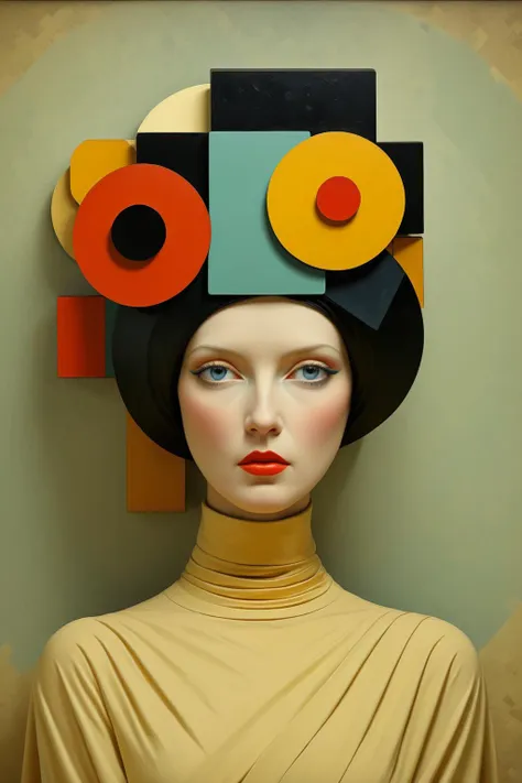 KAZIMIR MALEVICH STYLE,<lora:FF-Style-Kazimir-Malevich-v2.LoRA:1>,
Suprematism,Cubism,Geometric Abstraction,
Stylized portrait of a woman with geometric shaped flowers wrapped around her head,geometric 3d rendering,high quality artwork,dan mumford tom bagshaw,2d illustration,by Adam Chmielowski,2016,art deco painting,pj crook,incredible digital art,stefan koidl,and yellow color scheme,1956. Geometric shapes,cream background,