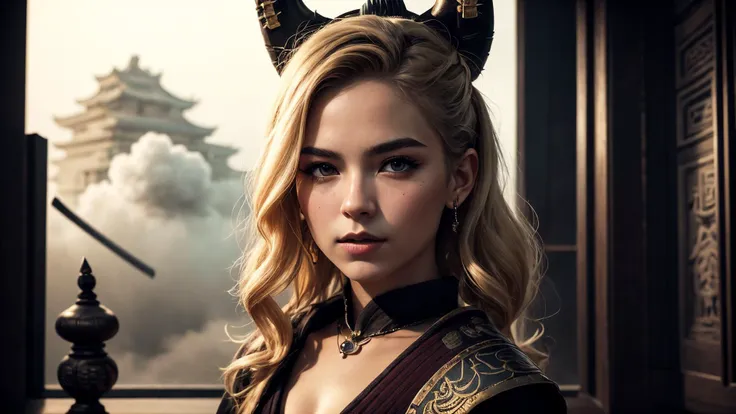 best quality, masterpiece, of a female, dressed as a Witch, with blonde hair, with a female Wavy shoulder-length lob hairstyle, wearing a samurai mask, SamuraiPunkAI, <lora:SamuraiPunkAIv3:.5>, close-up, sat, In a celestial palace in the clouds, home to a pantheon of gods,, realistic, concept art, cinematic, volumetric lighting, highly detailed, 8k ultradetialed character with perfect face,detailed skin,(ultrasharp:1.3),(masterpiece:1.1),best quality AS-YoungV2,(photorealistic:1.2),ultrarealistic,realistic ultradetailed character,4k perfect quality,<lyco:GoodHands-beta2:1>Magnificent,Imperceptible detail,Intricately designed,