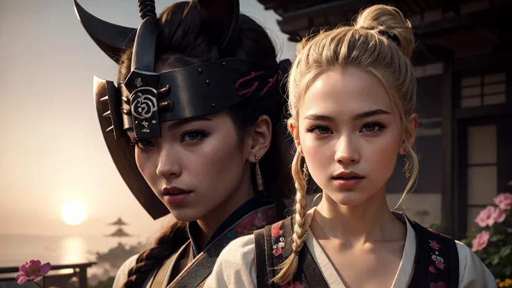 best quality, masterpiece, of a female, dressed as a Elemental Mage, with blonde hair, with a female Cornrows gathered into a top knot hairstyle, wearing a samurai mask, SamuraiPunkAI, <lora:SamuraiPunkAIv3:.5>, close-up, standing, In a floating garden in the sky, where flowers bloom with the colors of the sunset,, realistic, concept art, cinematic, volumetric lighting, highly detailed, 8k ultradetialed character with perfect face,detailed skin,(ultrasharp:1.3),(masterpiece:1.1),best quality AS-YoungV2,(photorealistic:1.2),ultrarealistic,realistic ultradetailed character,4k perfect quality,<lyco:GoodHands-beta2:1>Magnificent,Imperceptible detail,Intricately designed,