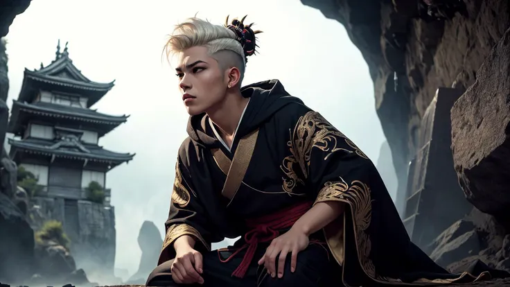 best quality, masterpiece, of a male, dressed as a hood, gold pattern, intricate white wizard robe, with platinum hair, with a male Slicked-back undercut with a high-shine finish hairstyle, wearing a samurai mask, SamuraiPunkAI, <lora:SamuraiPunkAIv3:.5>, close-up, sitting, In a mystical cavern beneath the sea, where time and space behave unpredictably,, realistic, concept art, cinematic, volumetric lighting, highly detailed, 8k ultradetialed character with perfect face,detailed skin,(ultrasharp:1.3),(masterpiece:1.1),best quality AS-YoungV2,(photorealistic:1.2),ultrarealistic,realistic ultradetailed character,4k perfect quality,<lyco:GoodHands-beta2:1>Magnificent,Imperceptible detail,Intricately designed,
