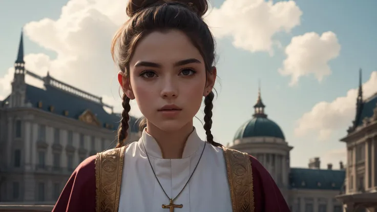 best quality, masterpiece, of a male, dressed as a Priest, with brown hair, with a male Cornrows gathered into a top knot hairstyle, wearing a helmet, dutch angle, standing, In a grand palace made of clouds, where the sky king and queen reside,, realistic, concept art, cinematic, volumetric lighting, highly detailed, 8k ultradetialed character with perfect face,detailed skin,(ultrasharp:1.3),(masterpiece:1.1),best quality AS-YoungV2,(photorealistic:1.2),ultrarealistic,realistic ultradetailed character,4k perfect quality,<lyco:GoodHands-beta2:1>Magnificent,Imperceptible detail,Intricately designed,