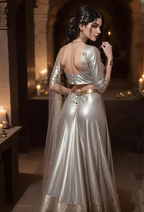 (((medium shot)))a stunning detailed background (A historic, underground catacomb with dimly lit passageways and ancient relics, moonlight,midnight, dark, )standing in a dark room, mid age, milf, dark theme,masterpiece, best quality, realistic, photo of fit sexy naked brunette 30 year old (s4rahsn00k-1850-4200) girl(from behind back view, small waist, medium hips, medium perfect ass,focus on lower body :1.5), ( beautiful very long Dirty blonde, Hot Pink, Intricate fishtail braid hair:1.5, Tangerine lips,) flicked, detailed face,:1.5 detailed body, full body, intricate, High Detail, Sharp focus (perfect female form, perfect face:1.5, beautiful eyes,:1.5 eyeliner, expressive eyes, calm expression), light sensual smile, ,nsfw ( s ((perfect eyes)), (detailed pupils) long shot, , depth of field, perfect nipples, highly elaborate areola, midriff, abs,
(((medium shot))) (realistic:1.5)
wearing ((metallic silver ),,see-through:1.3 anars), <lora:anars:0.8>beautifull woman , , at indian wedding reception, tradition shot, looking at viewer,