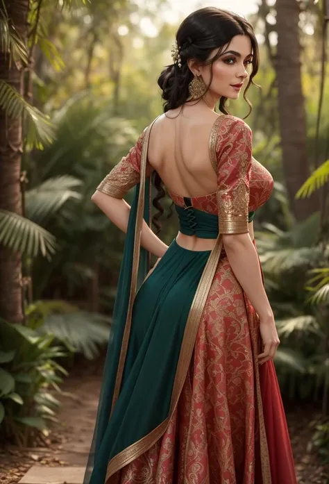 (((medium shot)))a stunning detailed background (An ethereal forest scene with dappled sunlight filtering through the trees, moonlight,midnight, dark, )standing in a dark room, mid age, milf, dark theme,masterpiece, best quality, realistic, photo of fit sexy naked brunette 30 year old (jamiehayter-4200) girl(from behind back view, small waist, medium hips, perfect ass, prominent round ass sticking out:1.5), ( beautiful very long Black, candy apple red, Bold asymmetrical cut hair:1.5, Burnt Orange lips,) flicked, detailed face,:1.5 detailed body, full body, intricate, High Detail, Sharp focus (perfect female form, perfect face:1.5, beautiful eyes,:1.5 eyeliner, expressive eyes, calm expression), light sensual smile, ,nsfw ( s ((perfect eyes)), (detailed pupils) long shot, , depth of field, perfect nipples, highly elaborate areola, midriff, abs,
(((medium shot))) (realistic:1.5)
wearing ((shiny red),,see-through:0.8 anars), <lora:anars:0.8>beautifull woman , , at indian wedding reception, tradition shot, looking at viewer, (metallic green)elaborate embroidery